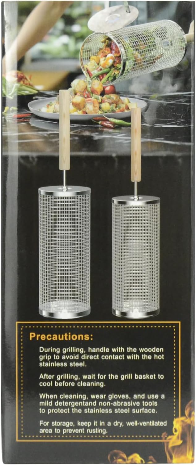 2-Pack Rolling Grill Baskets – 304 Stainless Steel with Removable Wooden Handle for BBQ, Vegetables, Shrimp, Camping