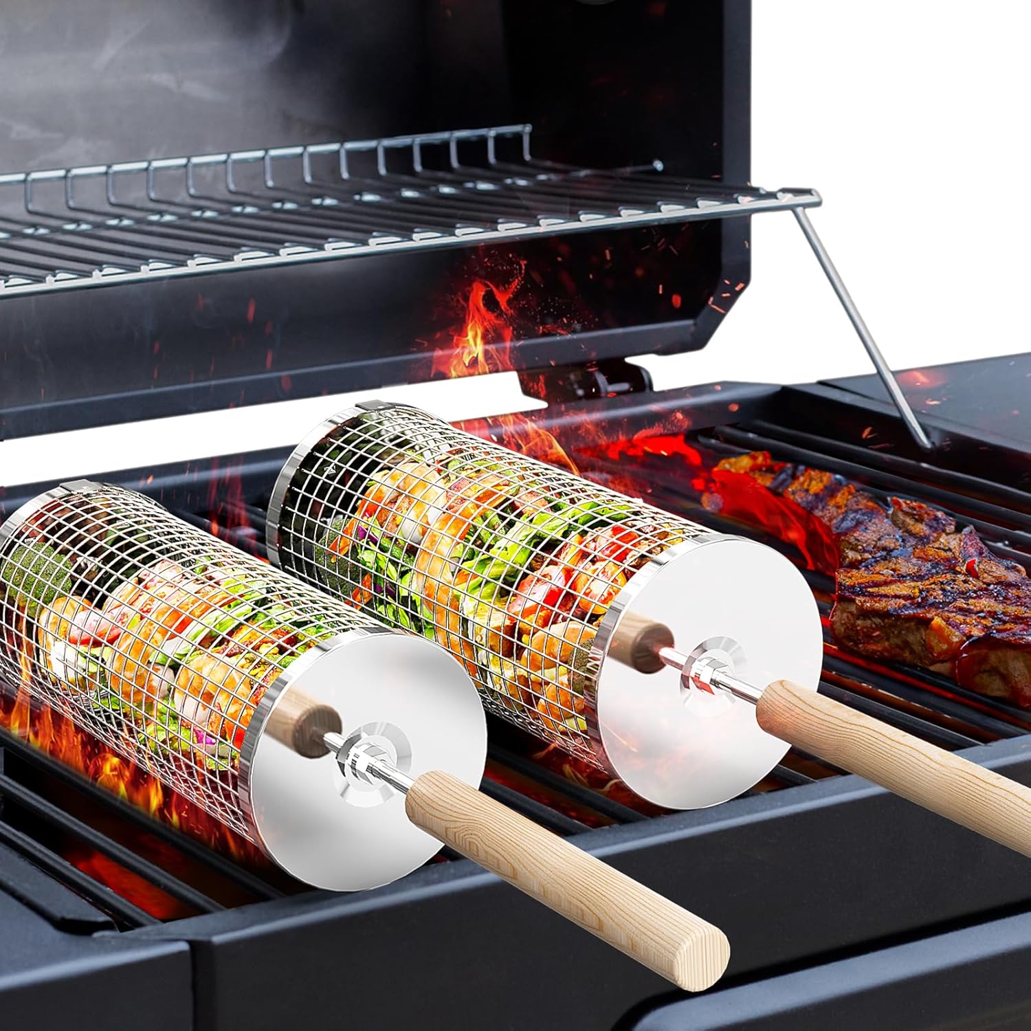 2-Pack Rolling Grill Baskets – 304 Stainless Steel with Removable Wooden Handle for BBQ, Vegetables, Shrimp, Camping
