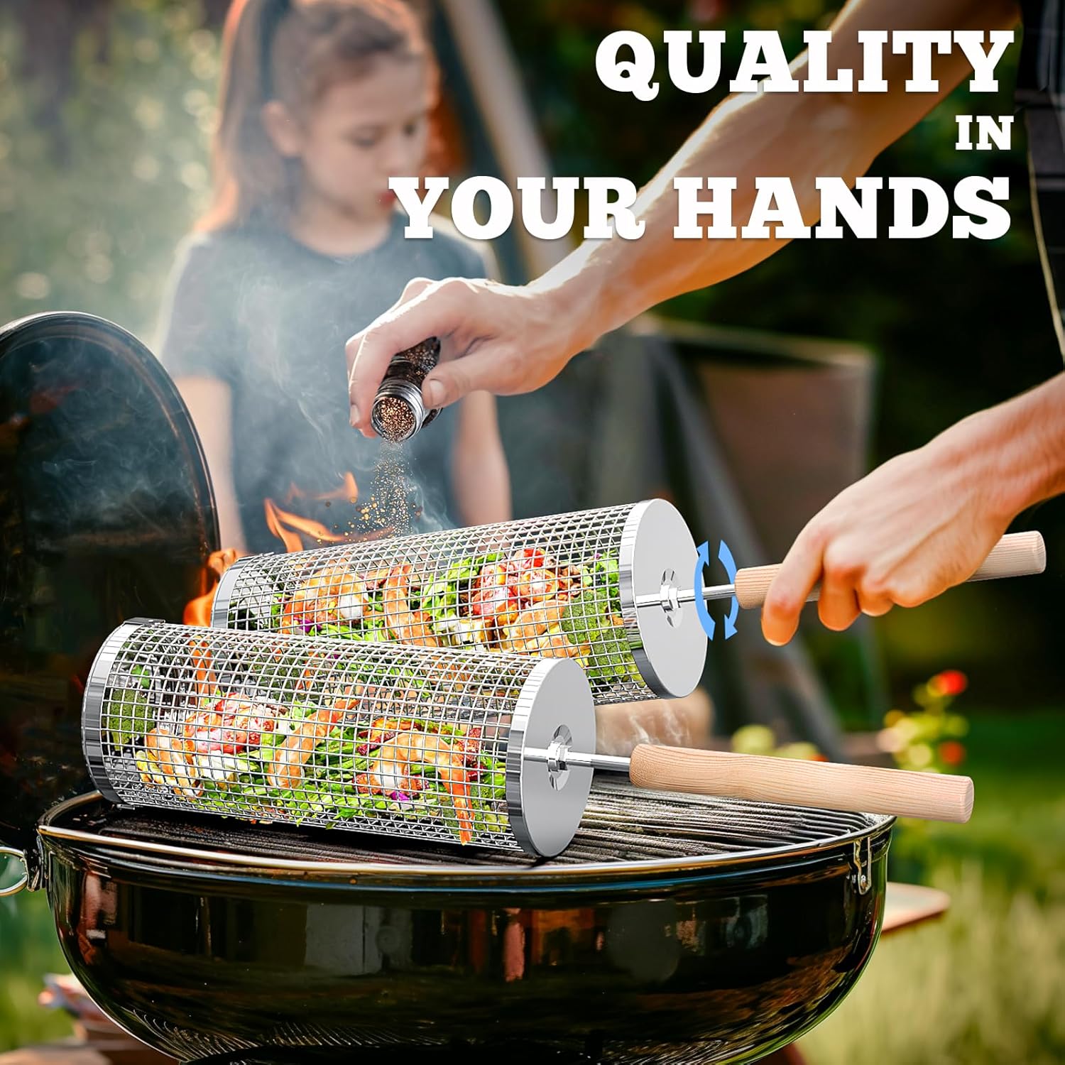 2-Pack Rolling Grill Baskets – 304 Stainless Steel with Removable Wooden Handle for BBQ, Vegetables, Shrimp, Camping