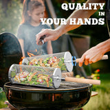 2-Pack Rolling Grill Baskets – 304 Stainless Steel with Removable Wooden Handle for BBQ, Vegetables, Shrimp, Camping