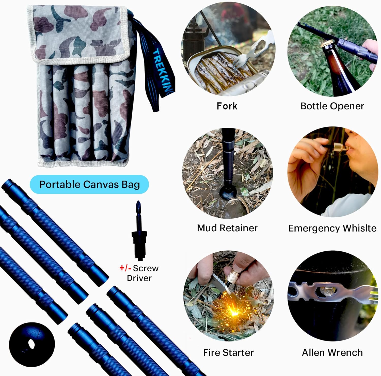 Durable Foldable Trekking Pole with Shovel, Axe, Fire Starter & Survival Accessories