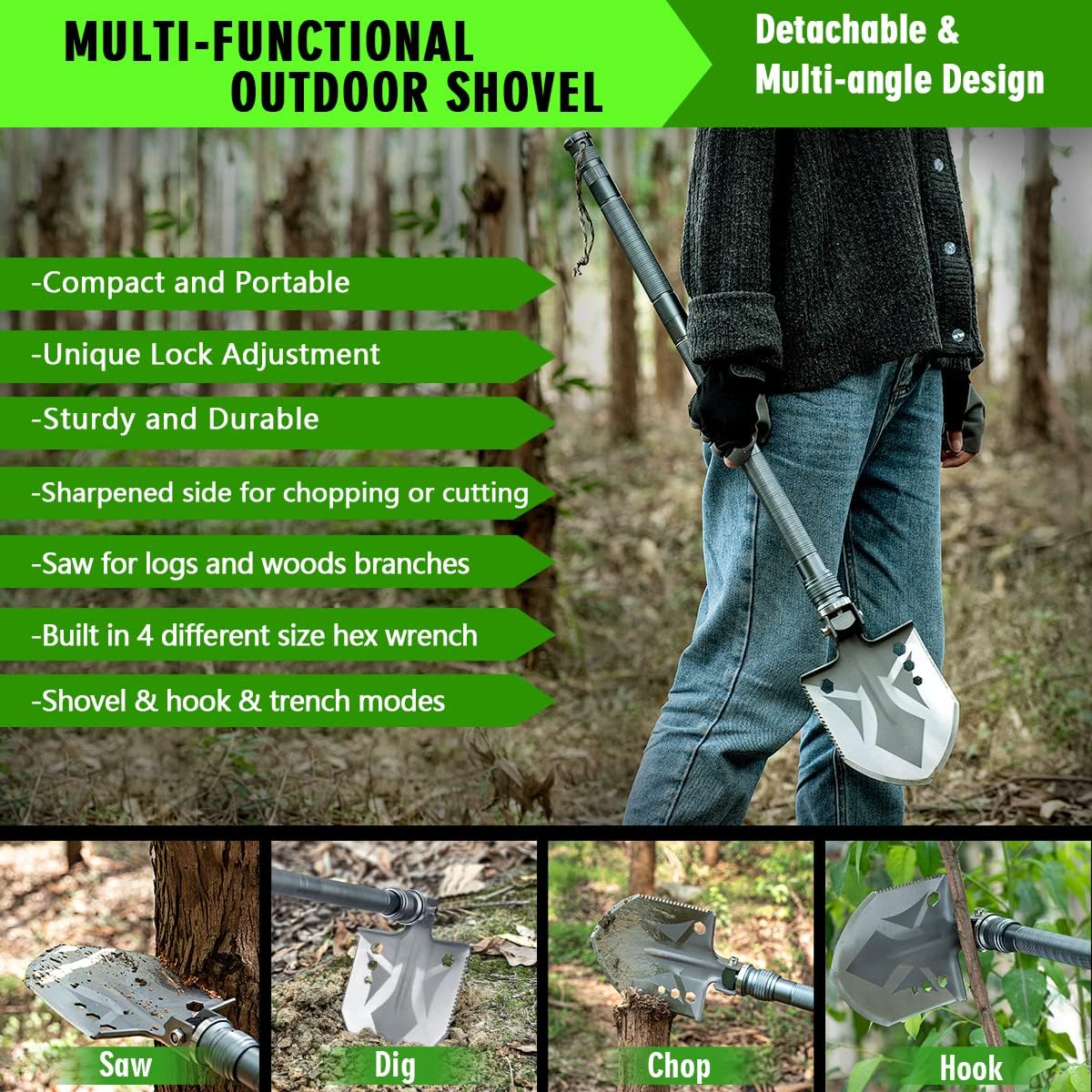 Multifunctional Folding Tactical Shovel Set With Flashlight
