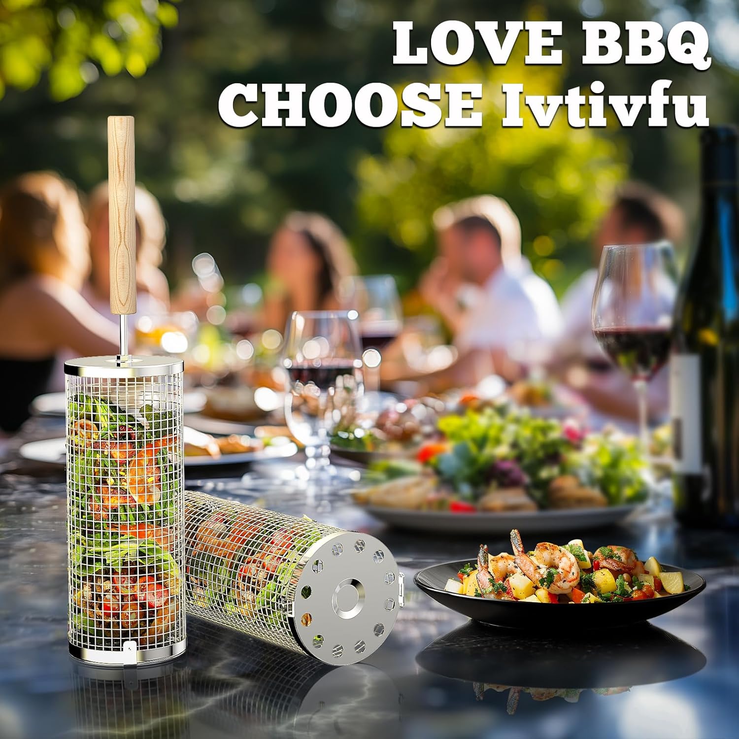 2-Pack Rolling Grill Baskets – 304 Stainless Steel with Removable Wooden Handle for BBQ, Vegetables, Shrimp, Camping