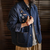 American Retro Embroidered Badge Denim Jacket for Men – Heavy Washed Casual Lapel Workwear Jacket