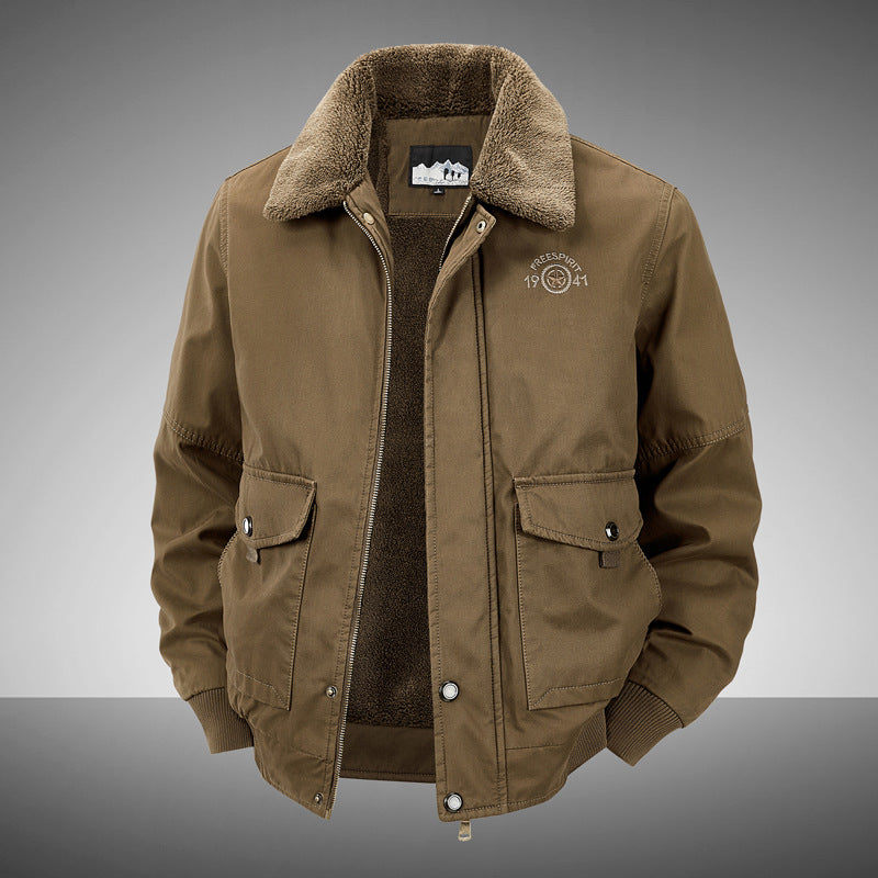 Men’s Winter Cotton Coat – Lapel Thickened Fleece Jacket with Multi-Pocket Design
