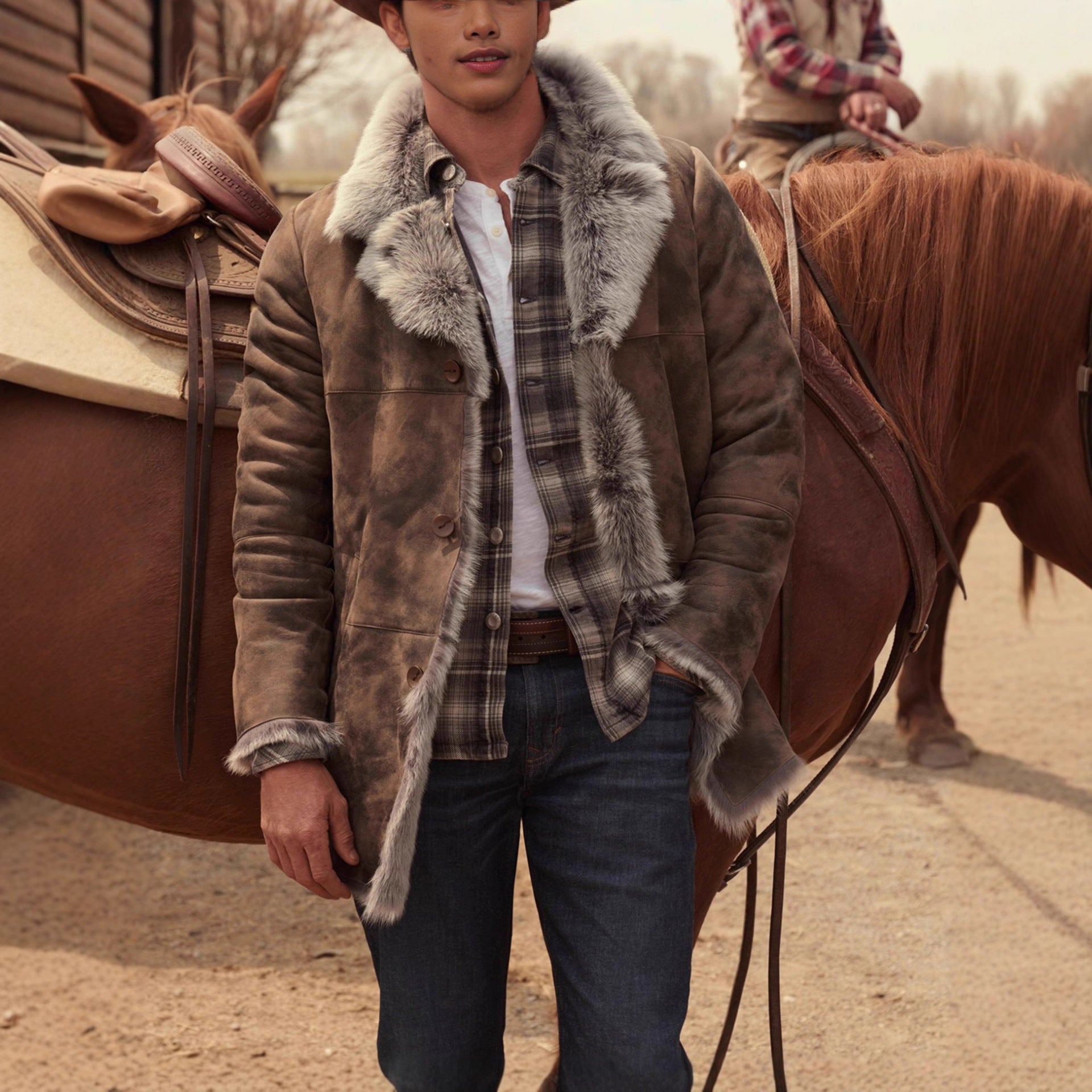 Men's Autumn & Winter Faux Fur Leather Coat – Mid-Length Lapel Jacket