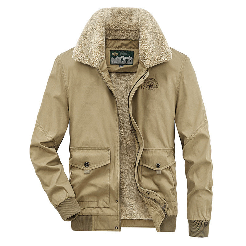 Men’s Winter Cotton Coat – Lapel Thickened Fleece Jacket with Multi-Pocket Design