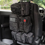 Tactical car seat back organizer with 5 detachable MOLLE pouches installed in SUV