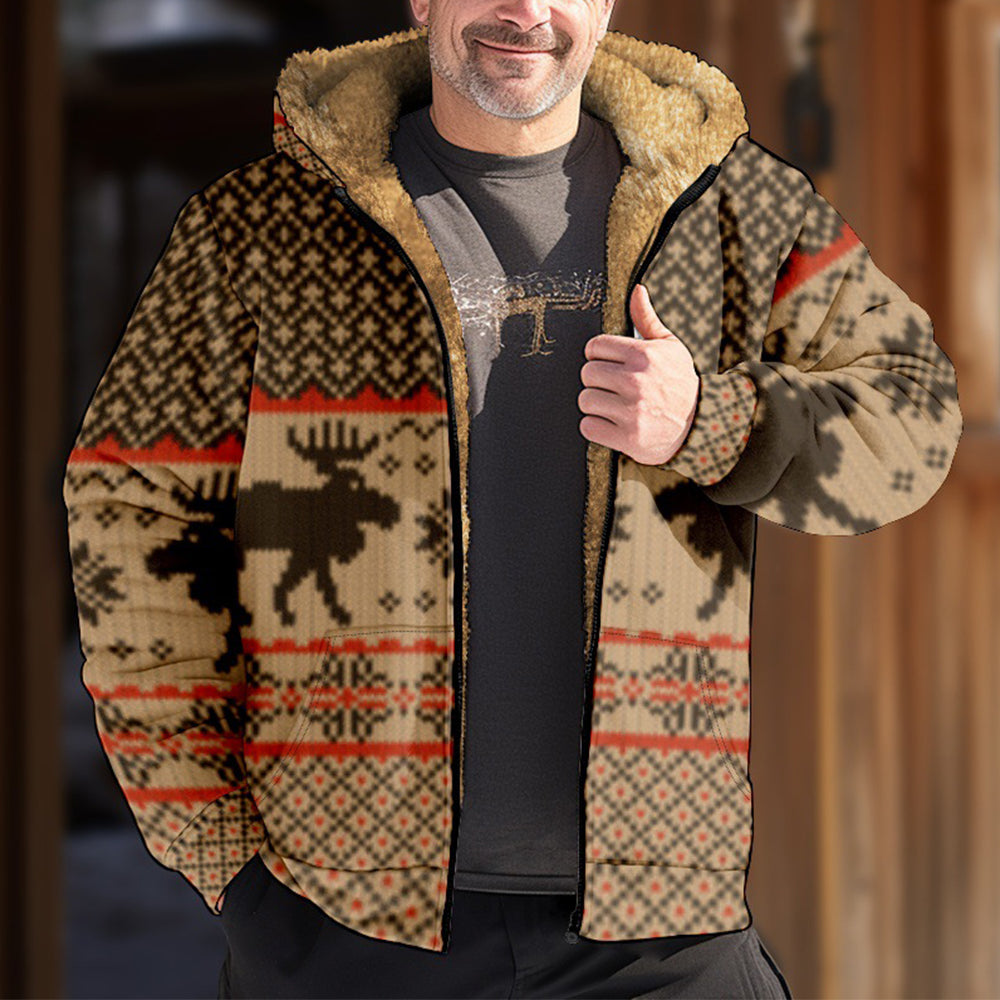Men's Christmas Print Thickened Fleece Hooded Sweatshirt Jacket