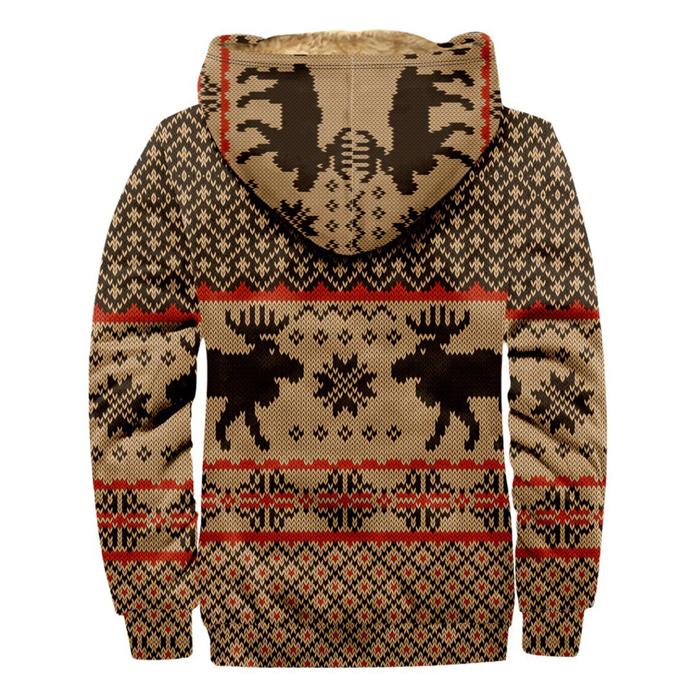 Men's Christmas Print Thickened Fleece Hooded Sweatshirt Jacket