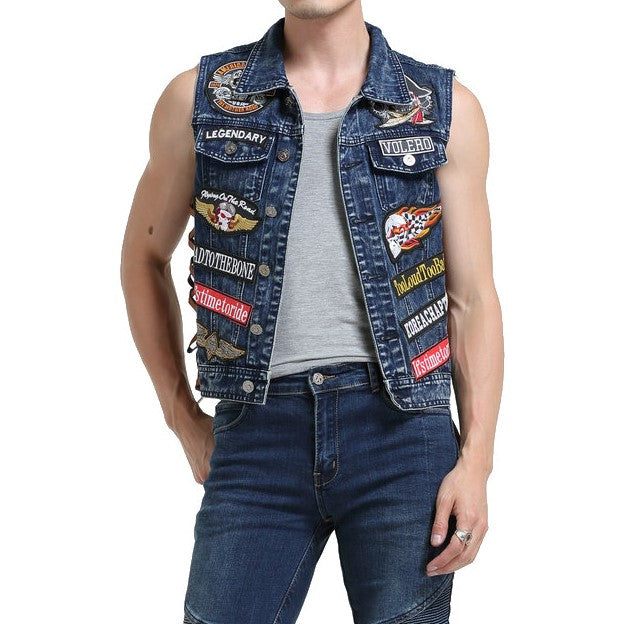 Motorcycle Skull Side Laces Denim Vest With Patches