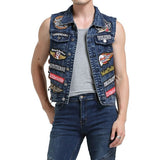 Motorcycle Skull Side Laces Denim Vest With Patches