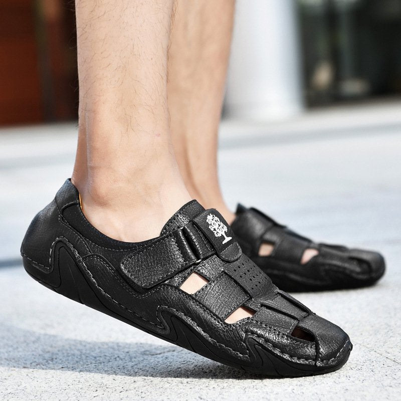 Men Summer Cow Split Leather Magic Tape Casual Sandals Shoes