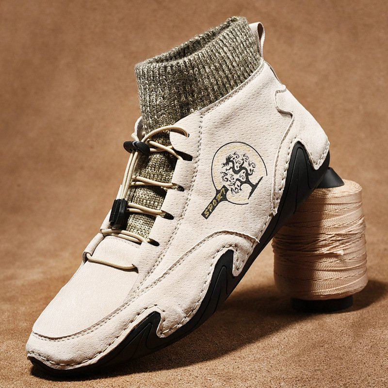 Men Comfy Elastic Band Boots Casual Leather Ankle warm Boots Winter Shoes