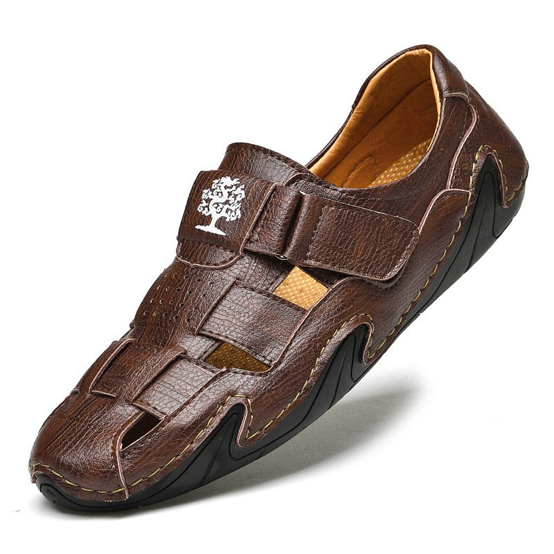 Men Summer Cow Split Leather Magic Tape Casual Sandals Shoes