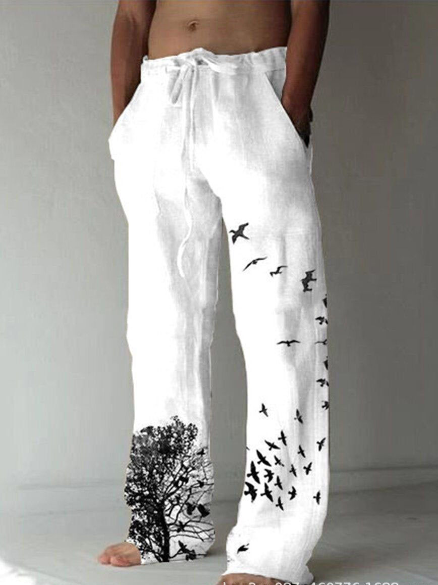 Men's Holiday Graphic Casual Cotton And Linen Trousers
