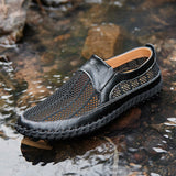 Men's Casual Leather Hollow-Out Loafers with Flat Heel Breathable Non-Slip Shoes