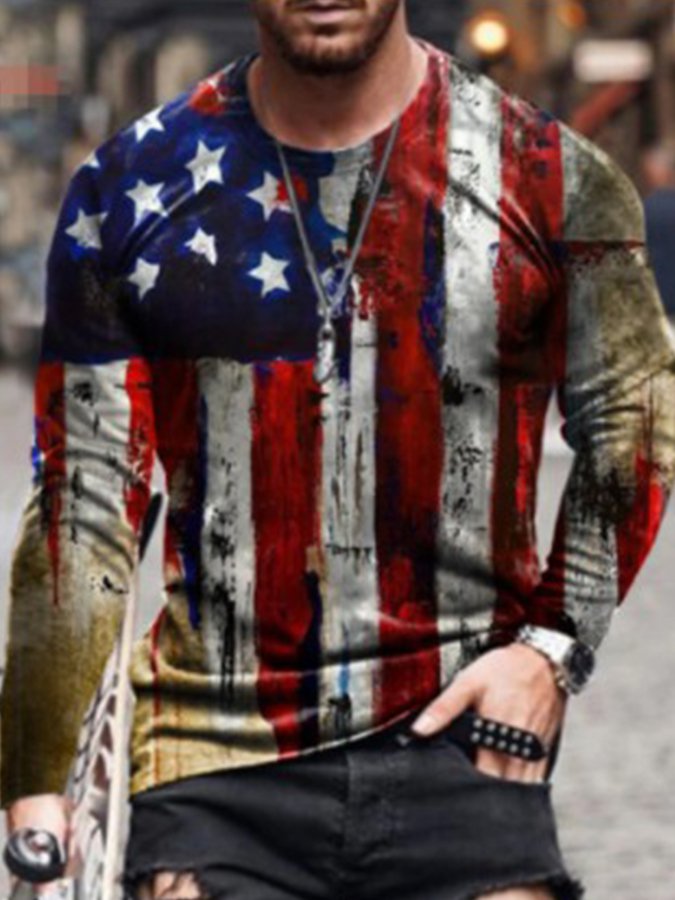 Mens O-Neck Retro Flag Long Sleeve T-Shirt