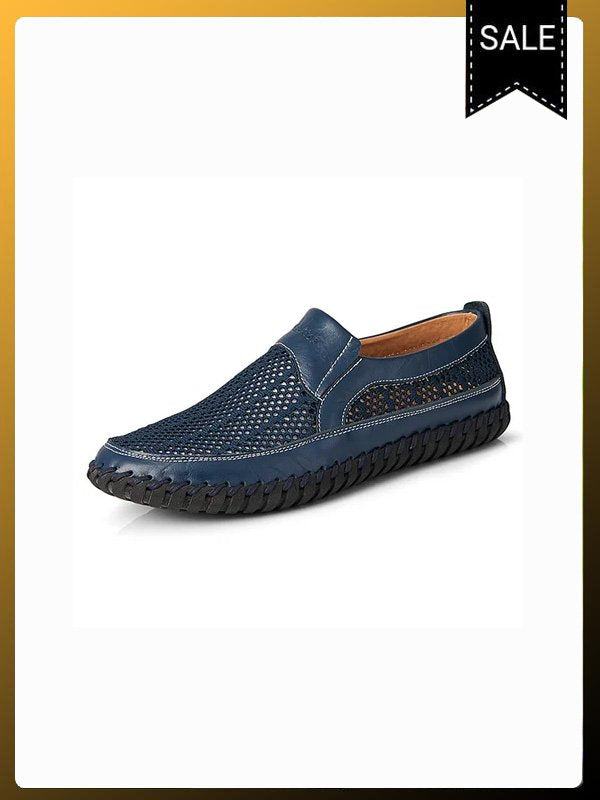Men's Casual Leather Hollow-Out Loafers with Flat Heel Breathable Non-Slip Shoes