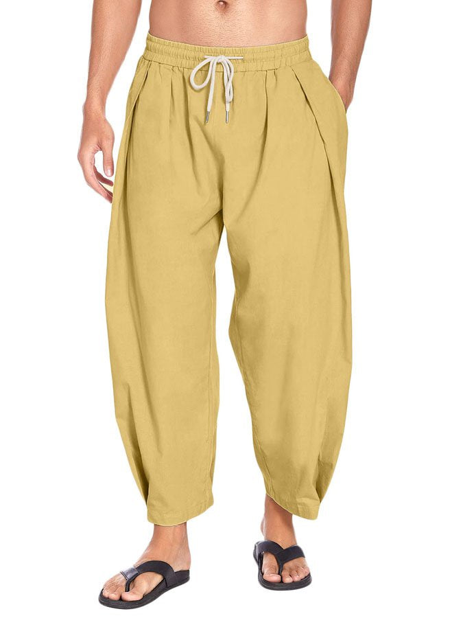 Men's Cotton Linen Drawstring Casual Lightweight Loose Beach Harem Pants