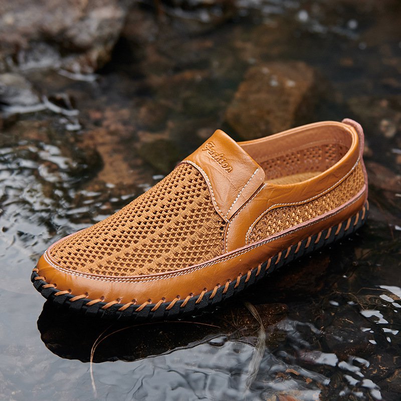 Men's Casual Leather Hollow-Out Loafers with Flat Heel Breathable Non-Slip Shoes