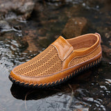 Men's Casual Leather Hollow-Out Loafers with Flat Heel Breathable Non-Slip Shoes