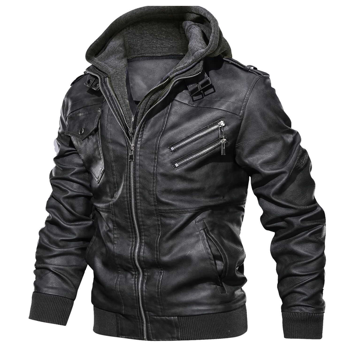 Distressed Leather Jacket Hooded Motorcycle Coat