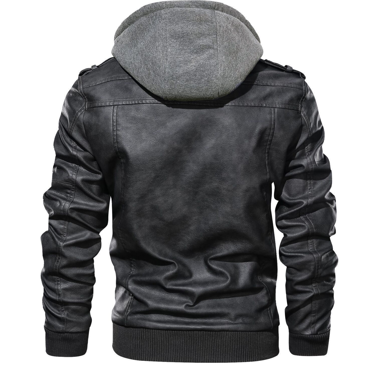 Distressed Leather Jacket Hooded Motorcycle Coat