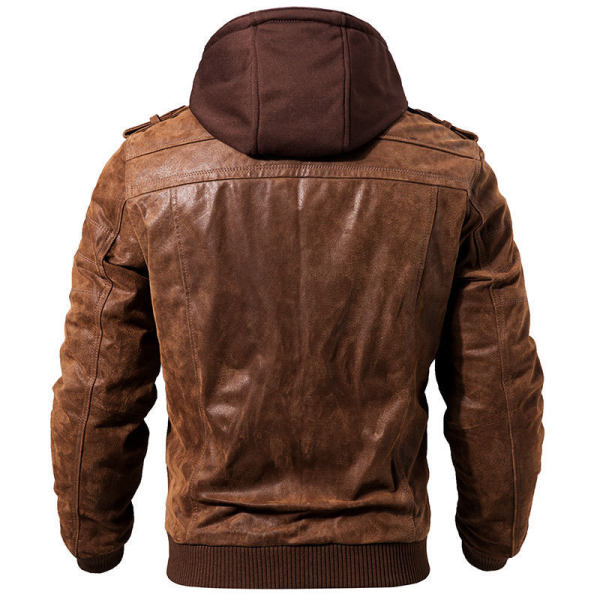 Distressed Leather Jacket Hooded Motorcycle Coat