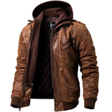Distressed Leather Jacket Hooded Motorcycle Coat