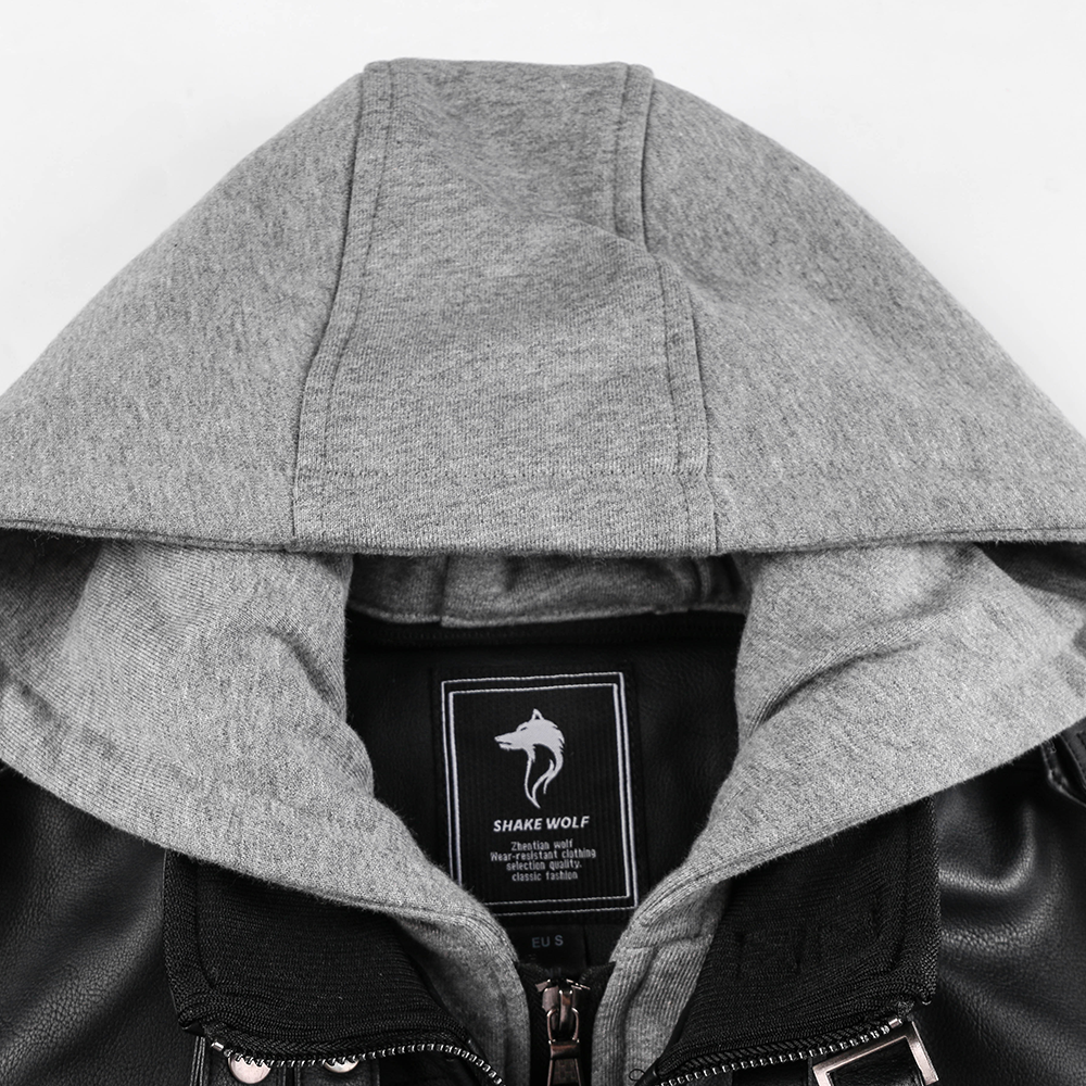 Distressed Leather Jacket Hooded Motorcycle Coat - Black
