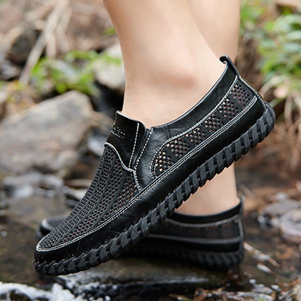 Men's Casual Leather Hollow-Out Loafers with Flat Heel Breathable Non-Slip Shoes
