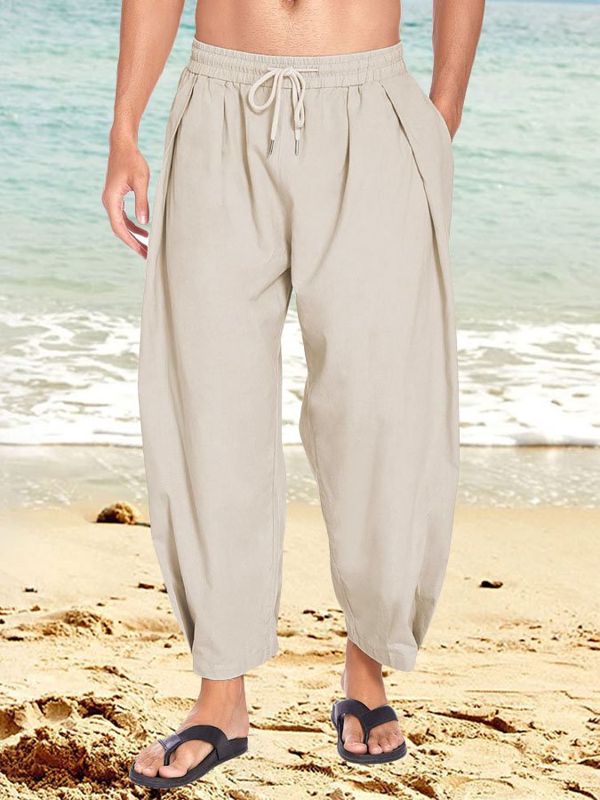 Men's Cotton Linen Drawstring Casual Lightweight Loose Beach Harem Pants
