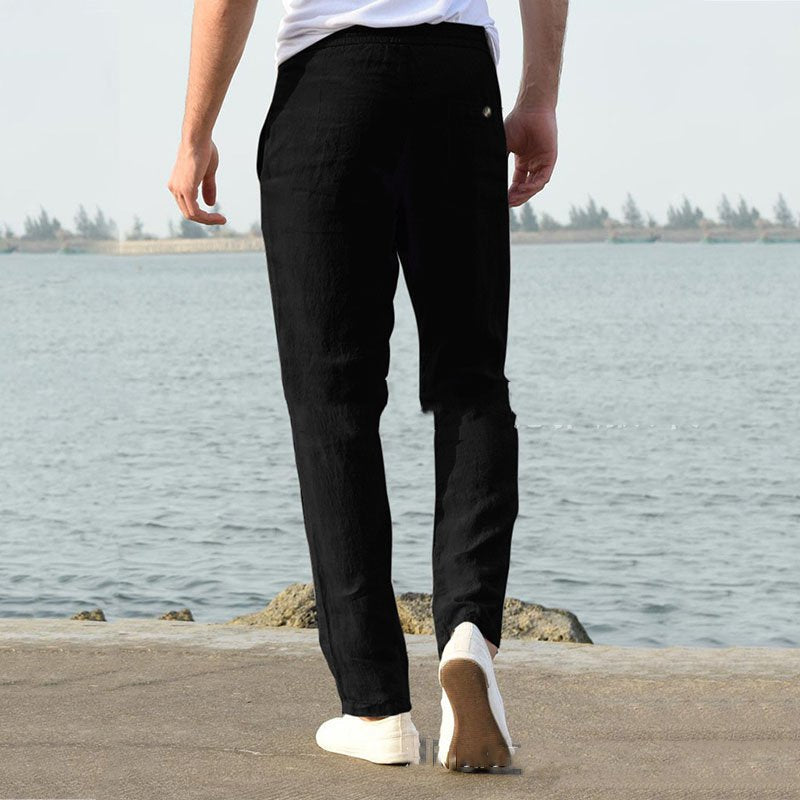 Men's Linen Pants Casual Loose Pure Color Tether Elastic Waist Bottom