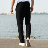 Men's Linen Pants Casual Loose Pure Color Tether Elastic Waist Bottom