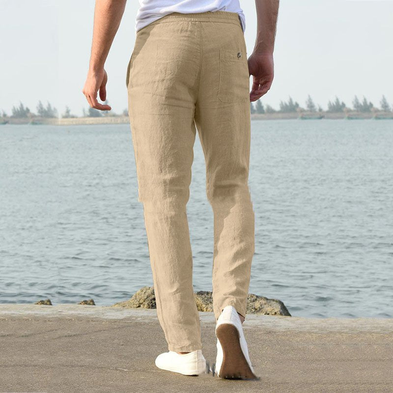 Men's Linen Pants Casual Loose Pure Color Tether Elastic Waist Bottom