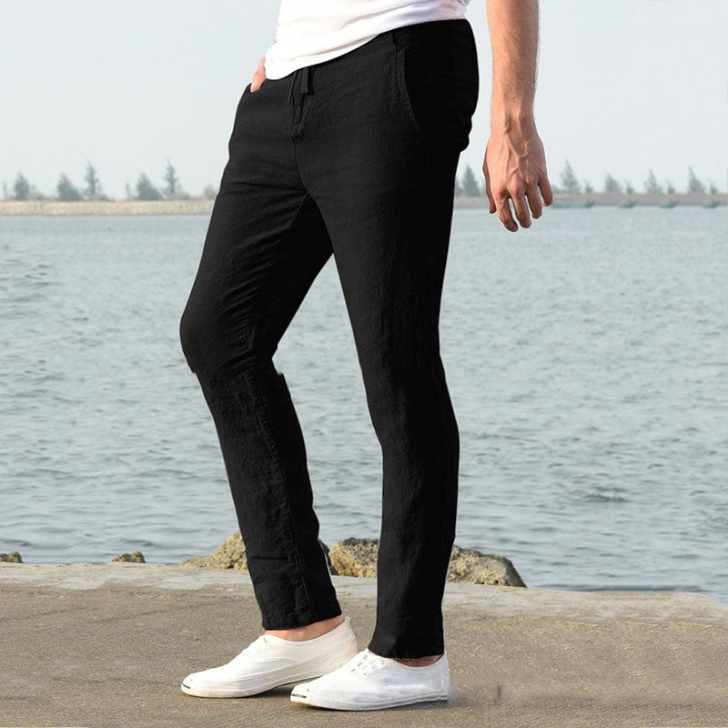Men's Linen Pants Casual Loose Pure Color Tether Elastic Waist Bottom
