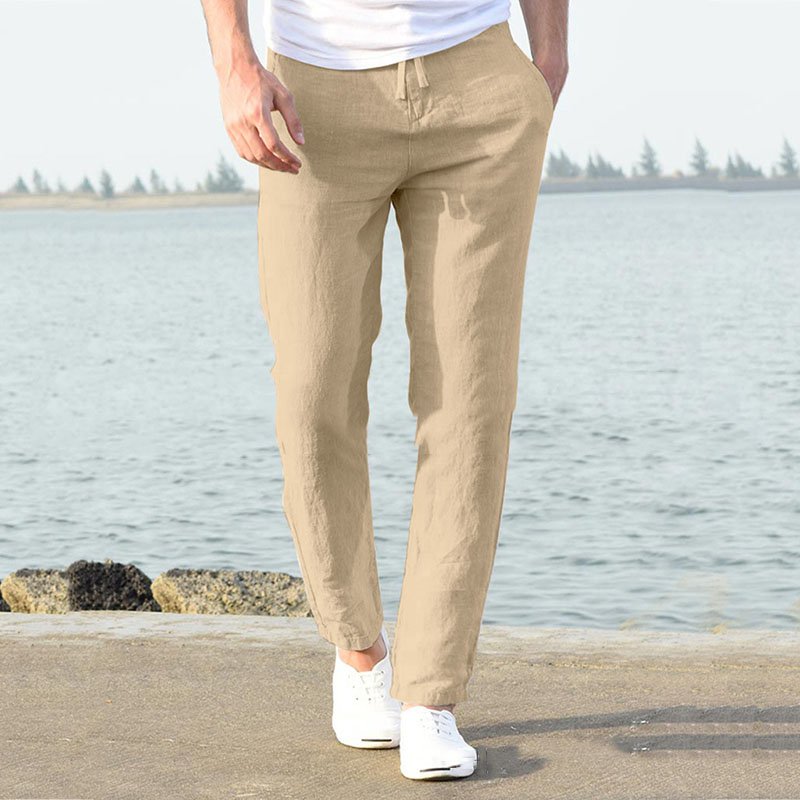 Men's Linen Pants Casual Loose Pure Color Tether Elastic Waist Bottom