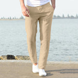 Men's Linen Pants Casual Loose Pure Color Tether Elastic Waist Bottom