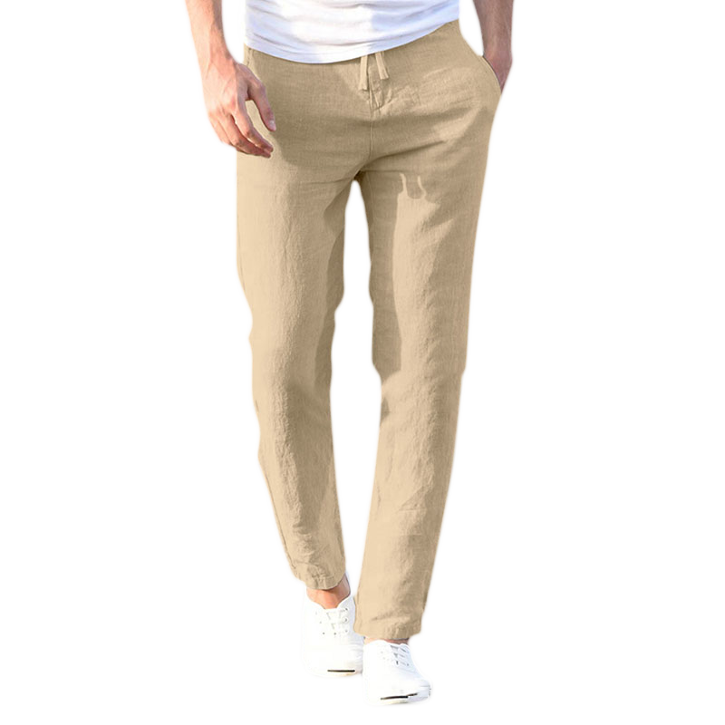 Men's Linen Pants Casual Loose Pure Color Tether Elastic Waist Bottom