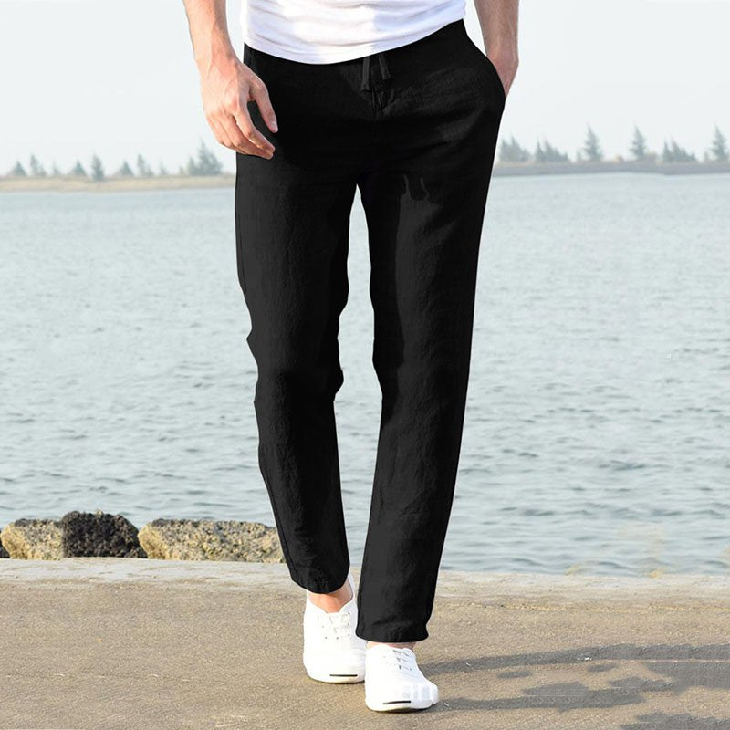 Men's Linen Pants Casual Loose Pure Color Tether Elastic Waist Bottom