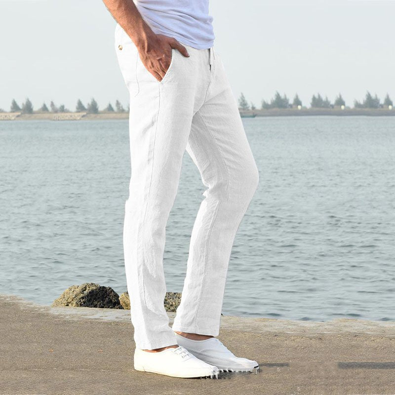 Men's Linen Pants Casual Loose Pure Color Tether Elastic Waist Bottom