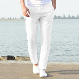 Men's Linen Pants Casual Loose Pure Color Tether Elastic Waist Bottom