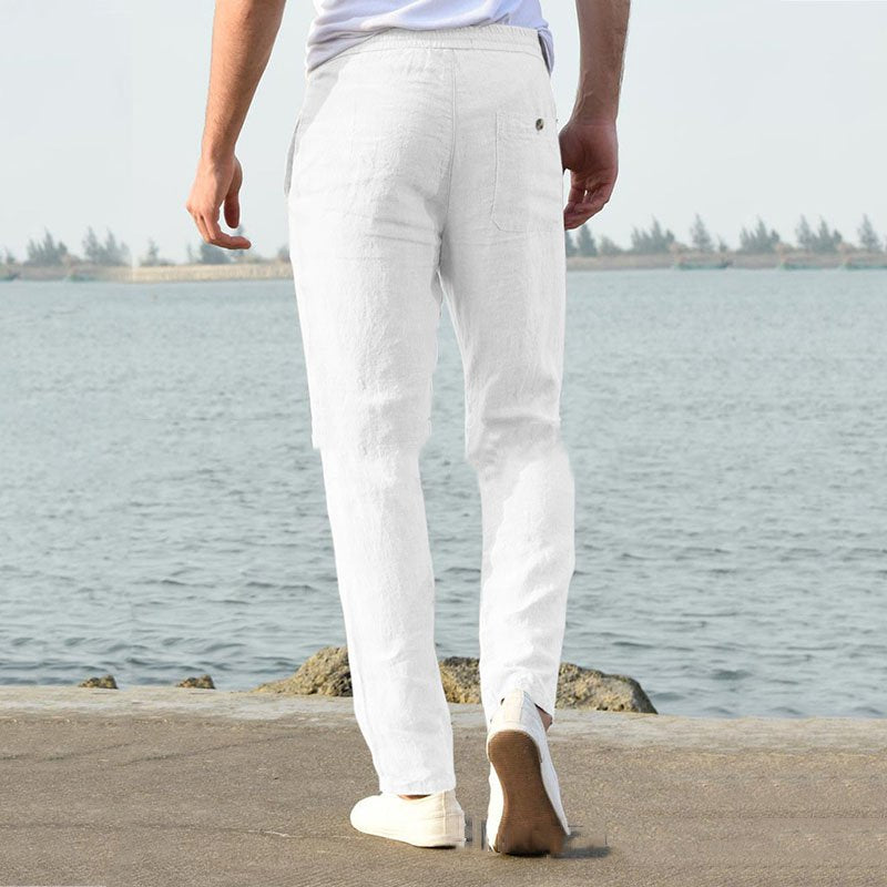 Men's Linen Pants Casual Loose Pure Color Tether Elastic Waist Bottom