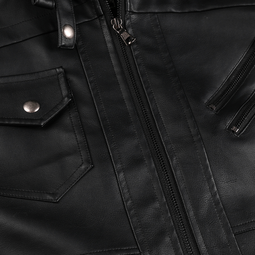 Distressed Leather Jacket Hooded Motorcycle Coat - Black