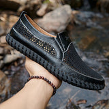Men's Casual Leather Hollow-Out Loafers with Flat Heel Breathable Non-Slip Shoes