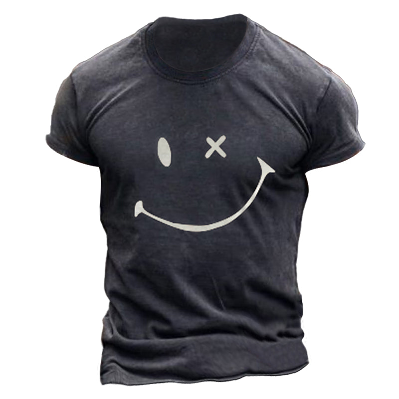 Mens Fashion Washing Short Sleeve Smiley T-shirt
