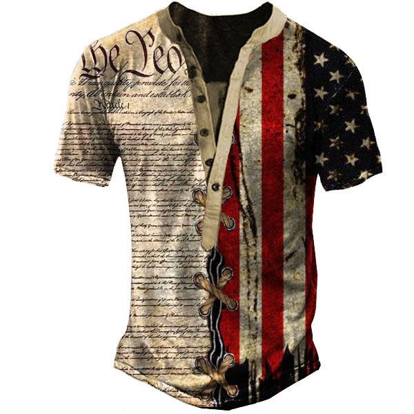 Men's American Flag Vintage Henley T-Shirt