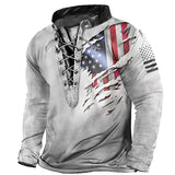 Men's Vintage American Flag Print Lace-Up Hooded Long Sleeve T-Shirt