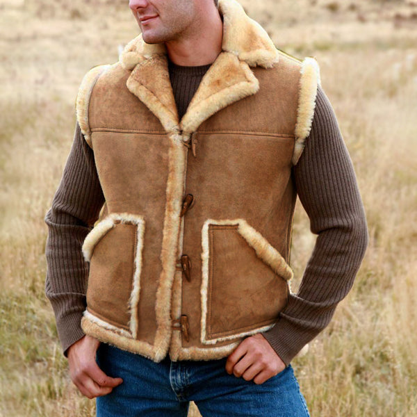 Men's Outdoor Fleece Warm Pocket Button Sheepskin Gilet